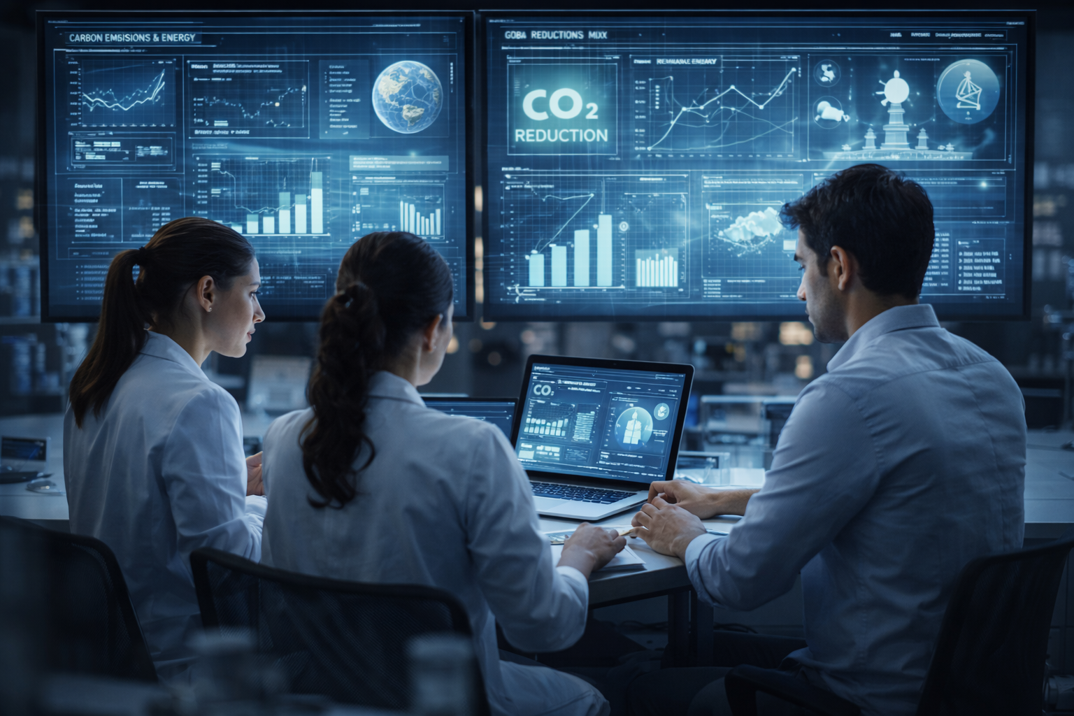 Technical team analysing carbon reduction performance data