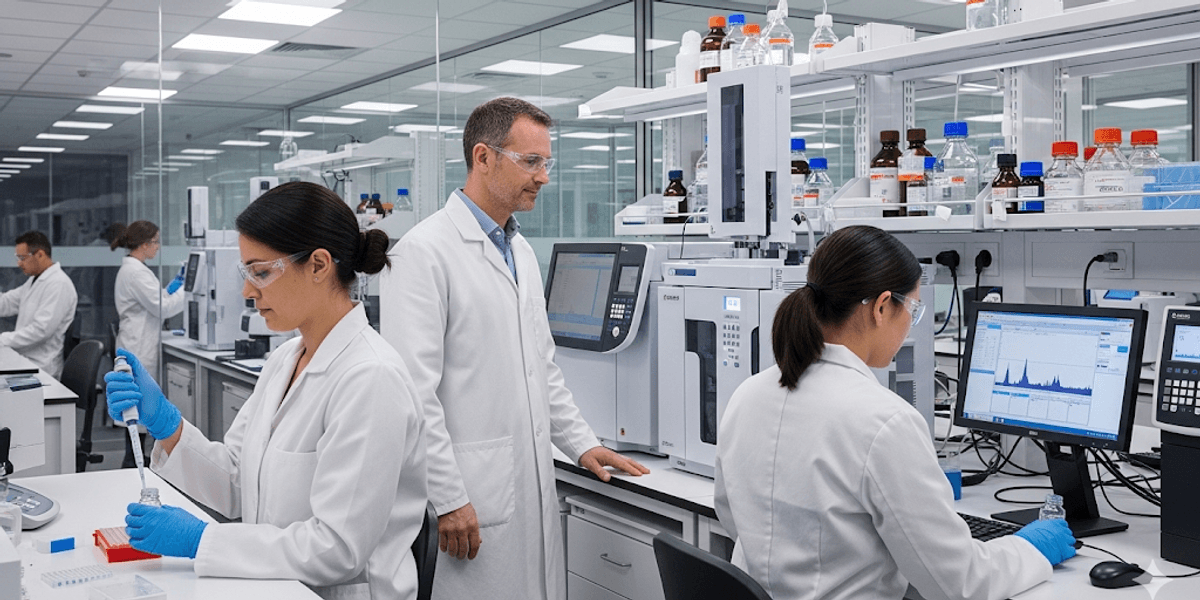 Laboratory team working with analytical chemistry equipment