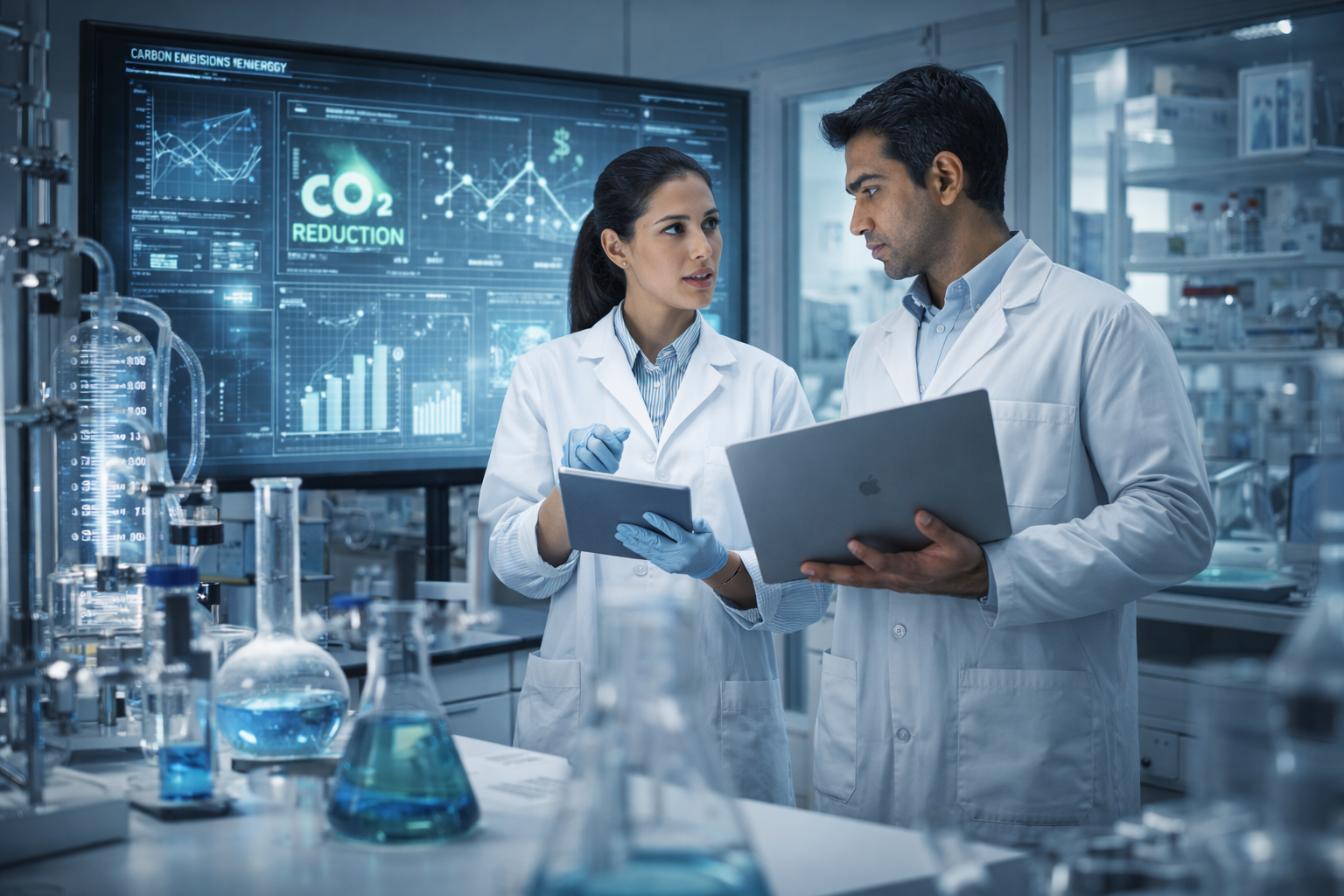 Laboratory team discussing carbon reduction research